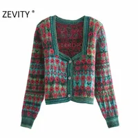 Zevity Women Vintage Square Collar Contrast Color Flower Print Knitting Sweater Kvinna Långärmad Chic Cardigans Coat Tops S540 210908