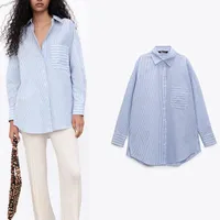 Damskie bluzki Koszulki MRS WIN WINS Moda z kieszeniami Loose Blue Striped Office Lady Długi Rękaw Button-Up Kobiece Chic Topy KX018