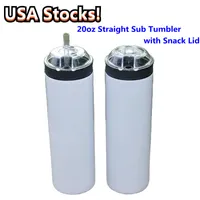 US Warehouse Sublimation 20oz Snack Straight Tumbler Mug with Lid Straw rostfritt st￥l Dubbelmuromat isolerat vakuum Skinn vattenflaskor B001