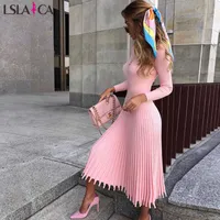 Lslaica dress women fashion midi sweater dress solid color casual O-neck long sleeve slim high waist dress for women 210604