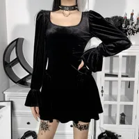 Günlük Elbiseler Vintage Siyah Kadife Elbise Estetik Punk Yüksek Bel Flare Kollu Mini Streetwear Grunge E Kız Particlub
