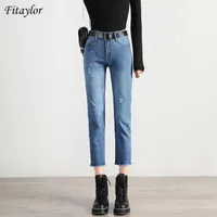 Fitaylor 2021 Весна Осень Осень Женщины прямые джинсы повседневные Разорванные штаны высокой талии Брюки с поясом Простая кнопка Женская