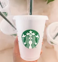 Starbucks 100 Adet 16oz Plastik Kupa Tumbler Kapak Kullanımlık Temizle İçme Düz Alt Ayağı Şekli Saman BARDIAN Renk Değiştirme Flaş Kupası, 100 ADET DHL Ücretsiz