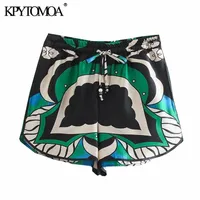 kpytomoaの女性のファッションサイドポケットプリントバミューダショーツビンテージ高弾性ウエストベント女性ショートパンツMujer 210702