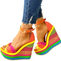 샌들 우아한 ins 무지개 다채로운 2022 여름 웨지 파티 플랫폼 극단적 인 하이힐 신발 여성 플러스 사이즈 43