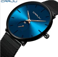 Ouro mãos fina dial azul personalidade design elegante mens relógio moda estudantes relógios de malha cinto crrju marca relógios de pulso