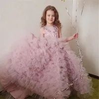 Dresses Dresses Puffy Flower Girl Dress Na Wedding O Neck Aplikacja Koronki Bez Rękawów Princess Party Gown Kid Urodziny 1-14y