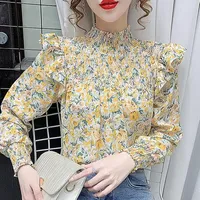 Kadın Bluzlar Gömlek Kadınlar 2021 Bahar Moda Gevşek Şifon Kadın Uzun Kollu Baskılı Bayanlar Standı Yaka Kazak W100