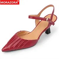 Sandels Morazora Sandalias de Piel Autyntica Con Punta Estrecha Para Mujer Zapatos Tacón Fino Plisado Calzado Vestir Poco Profundo Nuvedad 220303