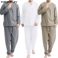 INCERUN Vintage Men Sets Homewear V Neck Long Sleeve Tops & Pants Streetwear Chinese Style Cotton Loose Men Suit Casual 2 Pieces G0107
