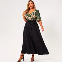 Nieuwe zomer maxi jurk vrouwen plus size groen zwart patchwork bloemen print sjerpen halve mouw Vneck vakantie casual grote mantel