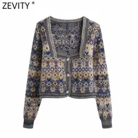 Zevity Donne Donne Vintage Collare quadrato Flower Stampa Jacquard maglia maglia maglione femminile manica lunga chic cardigan cappotto Top S652 211103