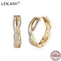 LEKANI Round Hollow Line Shape Hoop Earrings For Women Champagne Gold Earring Anniversary White Cubic Zirconia Fashion Jewelry 210701