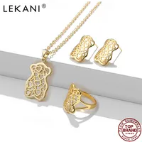 Lekani schattige beer sieraden sets voor vrouwen mode holle hart ontwerp hanger unisex kettingen oorbellen ring huwelijkscadeau 210701