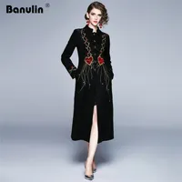 Pista otoño bordado flor largo abrigo negro mujer invierno manga completa soporte collar delgado elegante grueso 220106