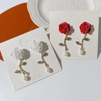 Stud Colorido L Romantic Sweet 925 Sterling Silver Long Rose Flower Clip Pendientes para mujeres Regalos de joyería de moda
