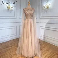 Party Dresses Serene Hill Gold Cape Sleeves A-Line Evening Gowns 2022 Luxury Beaded For Women LA71315Party