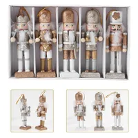 Decorative Objects & Figurines 1 Set=5pcs Christmas Wooden Doll Decor Handmade Nutcracker Pendant Creative Glittering Powder Ornament