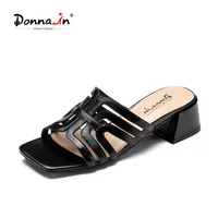 Sandals Donna-in 2021 Summer Beach Women Square Toe Hollow Original Design High Quality Genuine Leather Slip On Lady Shoes