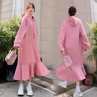 여성용 후드 스웨터 스웨터 대형 스웨터 여성 겨울 양털 따뜻한 긴 후드 핑크 카와이 드레스 FEMME 일본 패션 옷
