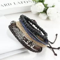 Adjustable Fashion Casual Angel Wing Feather Alloy Multilayer Leather Rope Woven Beaded Bracelet Men Link, Chain