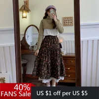 Floral Skirts Autumn And Winter Mid-length High Waist A-line Skirt All-match Slim Long Women Chiffon Cover Ups