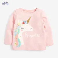 Küçük Maven Bebek Kız Uzun Kollu T-Shirt Unicorn Aplike Çocuk T-shirt Güz Pembe Renkler Çocuk Kız Kostüm Y0914