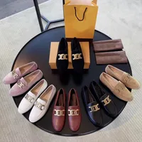 Diseñador de lujo Casual Mujeres Vestido Zapatos Cómodo de cuero genuino tacón plano Tallo redondo Toes Classic Hebilla Mocasines para mujer Lefu Zapato EE. UU. Tamaño 4-10 con caja