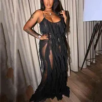 Kadınlar Seksi Siyah Spagetti Kayışı Elbise Kat Uzunluk Akşam Gece Kulübü Uzun Elbiseler için Falbala Backless Seks Through Through 210510