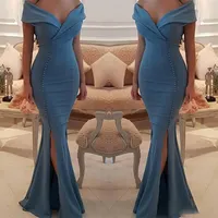 Eleganti abiti da sera musulmani 2021 sirena al largo della spalla lungo abito da sera sexy fessura con scollo a V sexy abito abito Abiye Gece Elbisesi