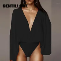 Kvinnors Jumpsuits Rompers Gentillove 2021 Kvinnor Höst Bodysuit Sexig Deep V-Neck Puff Sleeve Playsuit Romper Loose Solid Färgkropp