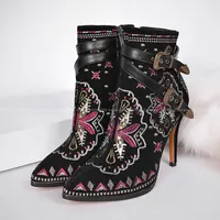 Boots Winter Shoes Woman Pointed Toe Ankle Genuine Leather Suede Embroidery Botas Mujer Zapatos