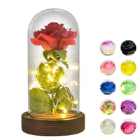 Drop Red / White / Black Eternal Rose Flower in Glass Dome met LED Licht Houten Base Valentine Kerstcadeaus voor vrouwen 210624