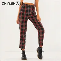 Zhymihret 가을 코튼 스트레이트 격자 무늬 여성 바지 발목 - 길이 지퍼 카프리스 캐주얼 중반 허리 바지 Pantalon Femme 210915