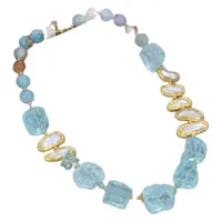 Guaiguai Jewelry Natural Blue Glass Quartzs áspero blanco BIWA Freshwater Pearl Round Agates Choker Necklace 21 "Vintage para mujeres