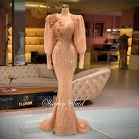 Luxe Dubai Rose Gold Long Mouw Avondjurk voor Dames Bruiloft Groeden 3D Bloemen Kralen Musim Formele Prom Jurken 2021