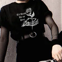 Damen T-Shirt Skeleton DRUCK Dunkel Gothic Grunge-Stil Übergroße Schwarz Tops Weibliche Edgy Mode Grafik T-Stück Ästhetische Kleidung