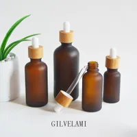 Frosted Amber Glass Dropper Bottles with Natural Bamboo Caps DIY Essential Oil Container Empty Cosmetic Packaging 5ml 15ml 30ml 50ml 100ml
