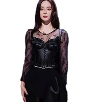Women's Polos The new spring summer 2021 elastic moon mesh long sleeve blouse and bottom blouse