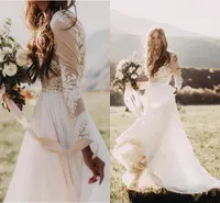 2021 Bohemian Country Wedding Dresses With Sheer Long Sleeves Bateau Neck A Line Lace Applique Chiffon Boho Bridal Gowns Cheap