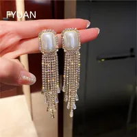 Dangle & Chandelier FYUAN Long Tassel Full Rhinestone Drop Earrings For Women Square Pearl Geometric Fashion Jewelry Accessories