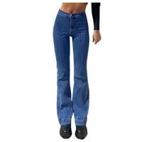 Kvinnors brett ben jeans hajuku raka byxor mode mid-midja retro sömmar byxor hip iifting slim vintage blå färg