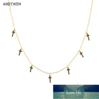 ANDYWEN 925 Sterling Silver Winter Black Zircon Cross Charm Choker Long Chain Necklace Fashion Jewelry Fine Party Tiny Jewe