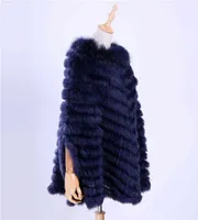 Dames Luxe Pullover Gebreid Genuine Konijnenbont Wasbeer Bont Poncho Cape Sjaal Breien Wraps Sjaal Triangle Coat 201221