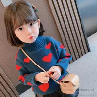 Girls love heart knitted sweater pullover 2022 spring kids high collar long sleeve tops Valentine's Day children princess clothing Q4416