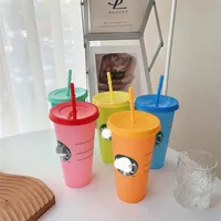 Party Cups Color changing Reusable Plastic Tumbler 24OZ 710ml Plastic mug Tumbler Lid Reusable Clear Drinking Flat Bottom Pillar Shape Straw Starbucks a08