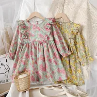 Vestidos de niña 2-7T Vestido floral para niñas Niño Niño Ropa de bebé Manga larga Ruffles Flower Print Sundress Elegante lindo de algodón dulce