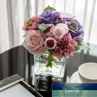 الزهور الاصطناعية مع زهرية الحرير روز رئيس كبير باقة زهرة الترتيبات في الزجاج إناء لل حفل زفاف ديكور المنزل