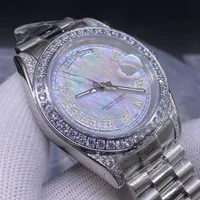 Luxe enkele ring Diamant Witte Pearl Men's Watch 41 mm roestvrijstalen riem automatische datum