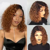 Kinky Curly Short Bob Full Wigs Ombre Brown Peruvian Human Hair Synthetic Lace Front Wig For Black Women 150% Density